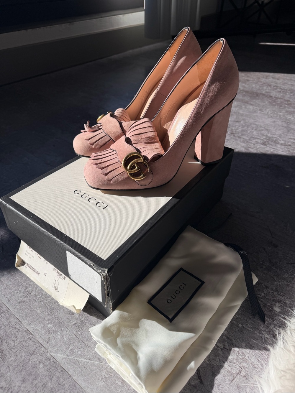 Gucci Dusty Pink Marmont Suede Fringe Block Heel Pumps with Double G